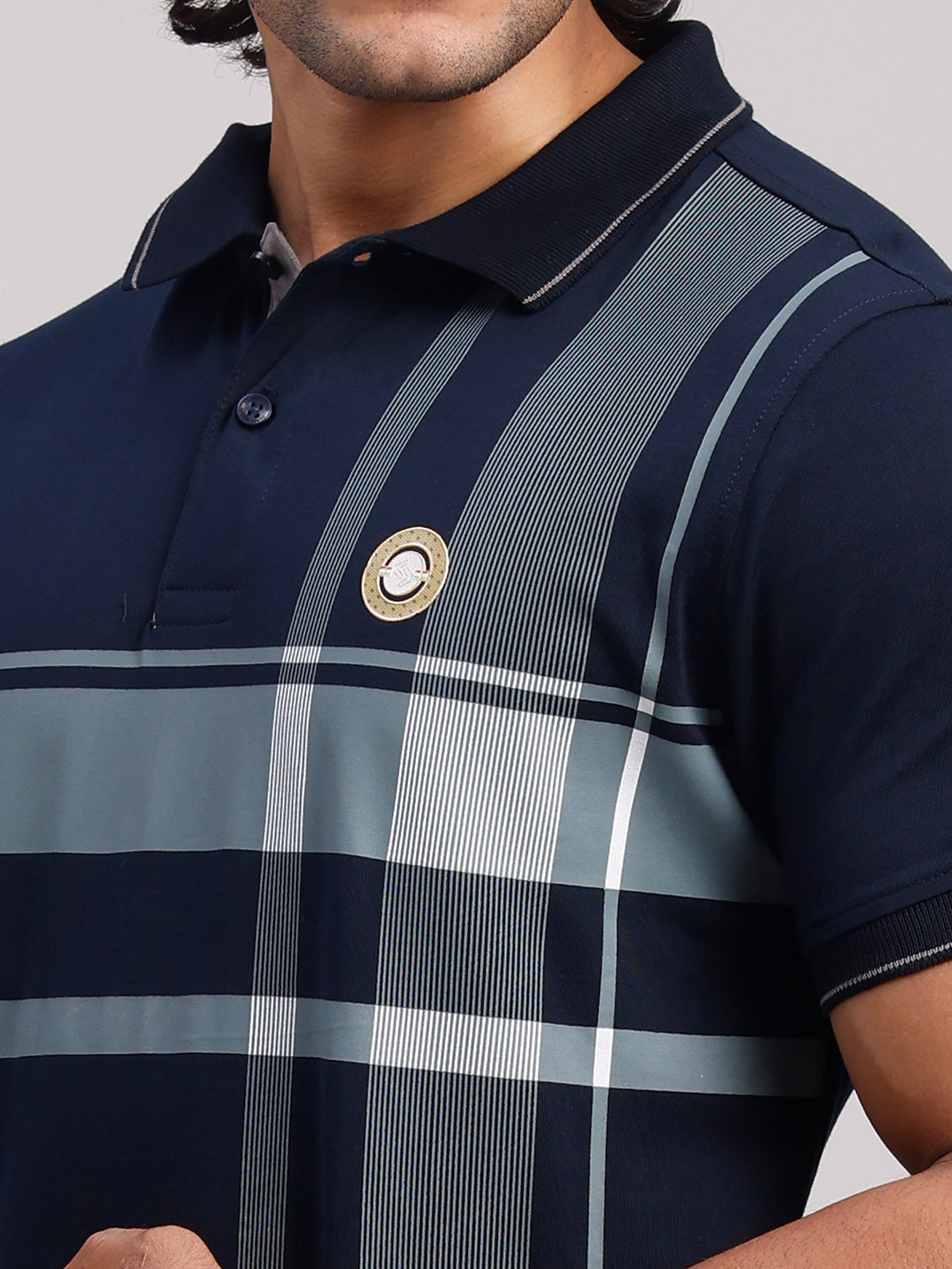 Classic Polo Men's Half Sleeve Dark Navy Polo Neck Slim Fit Printed Cotton T-Shirt | FP - 23 B SF P