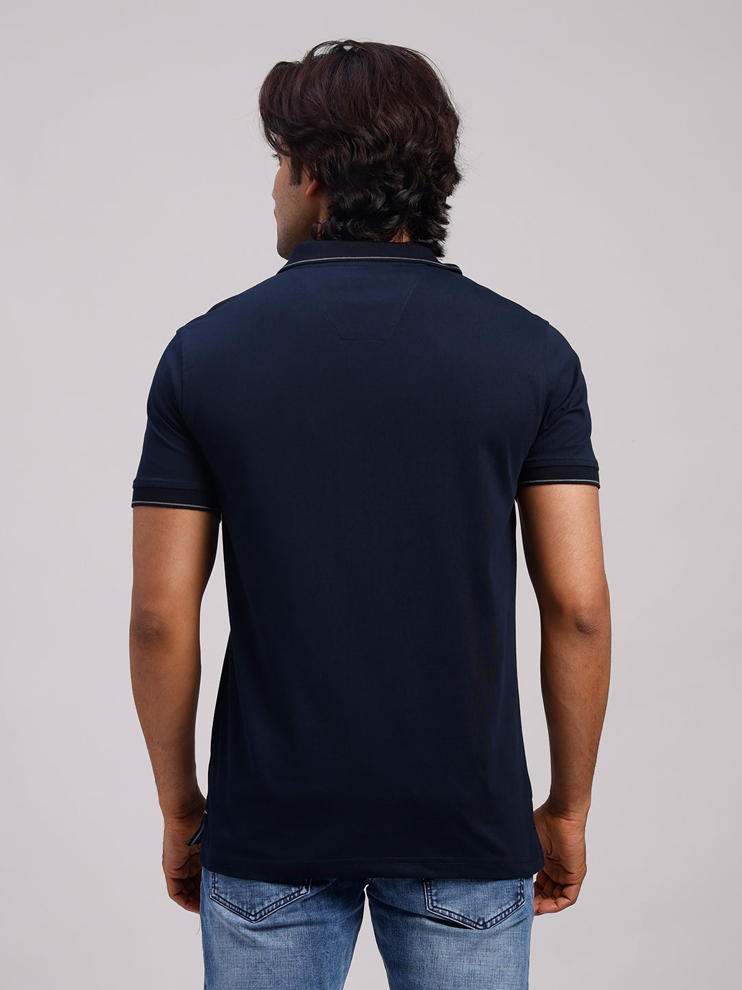 Classic Polo Men's Half Sleeve Dark Navy Polo Neck Slim Fit Printed Cotton T-Shirt | FP - 23 B SF P