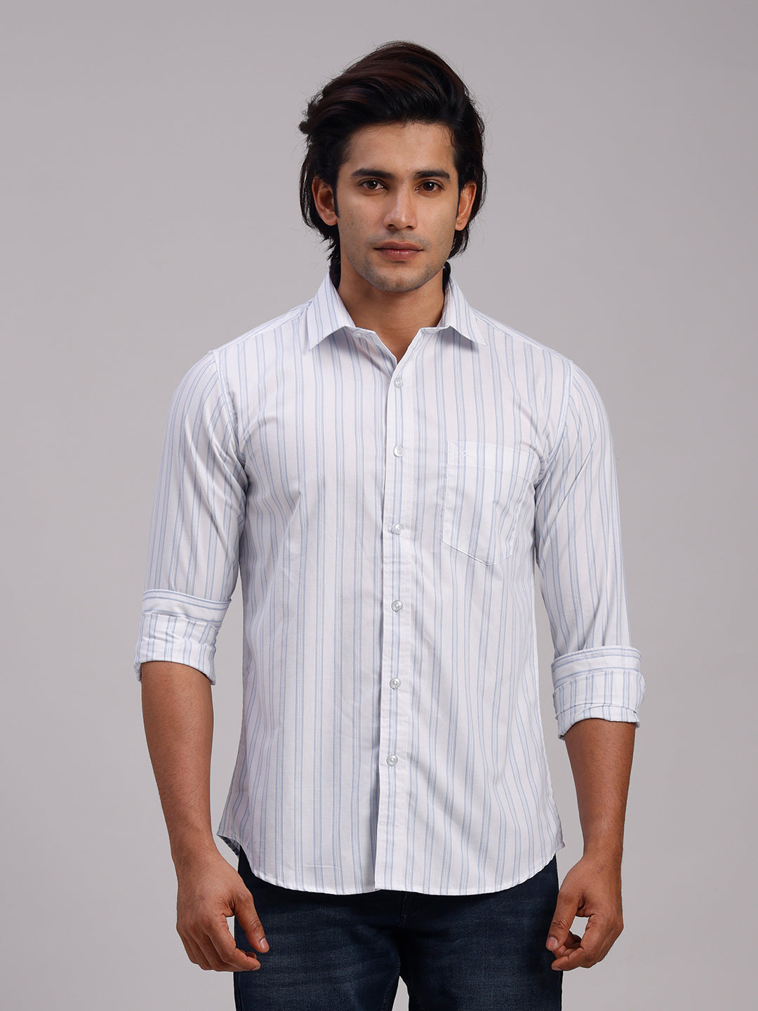 Classic Polo Men's Full Sleeve White Polo Neck Slim Fit Striped Cotton Casual Shirt | SR1-EL-01 B-FS-STR-SF