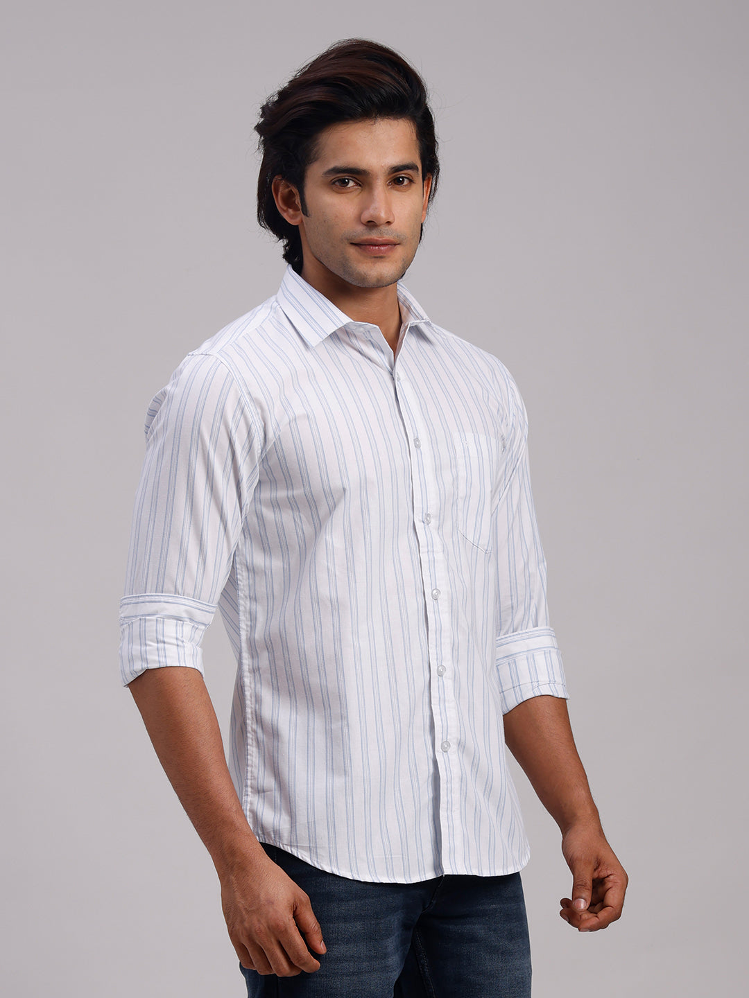 Classic Polo Men's Full Sleeve White Polo Neck Slim Fit Striped Cotton Casual Shirt | SR1-EL-01 B-FS-STR-SF