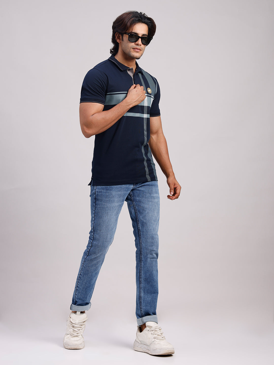 Classic Polo Men's Half Sleeve Dark Navy Polo Neck Slim Fit Printed Cotton T-Shirt | FP - 23 B SF P