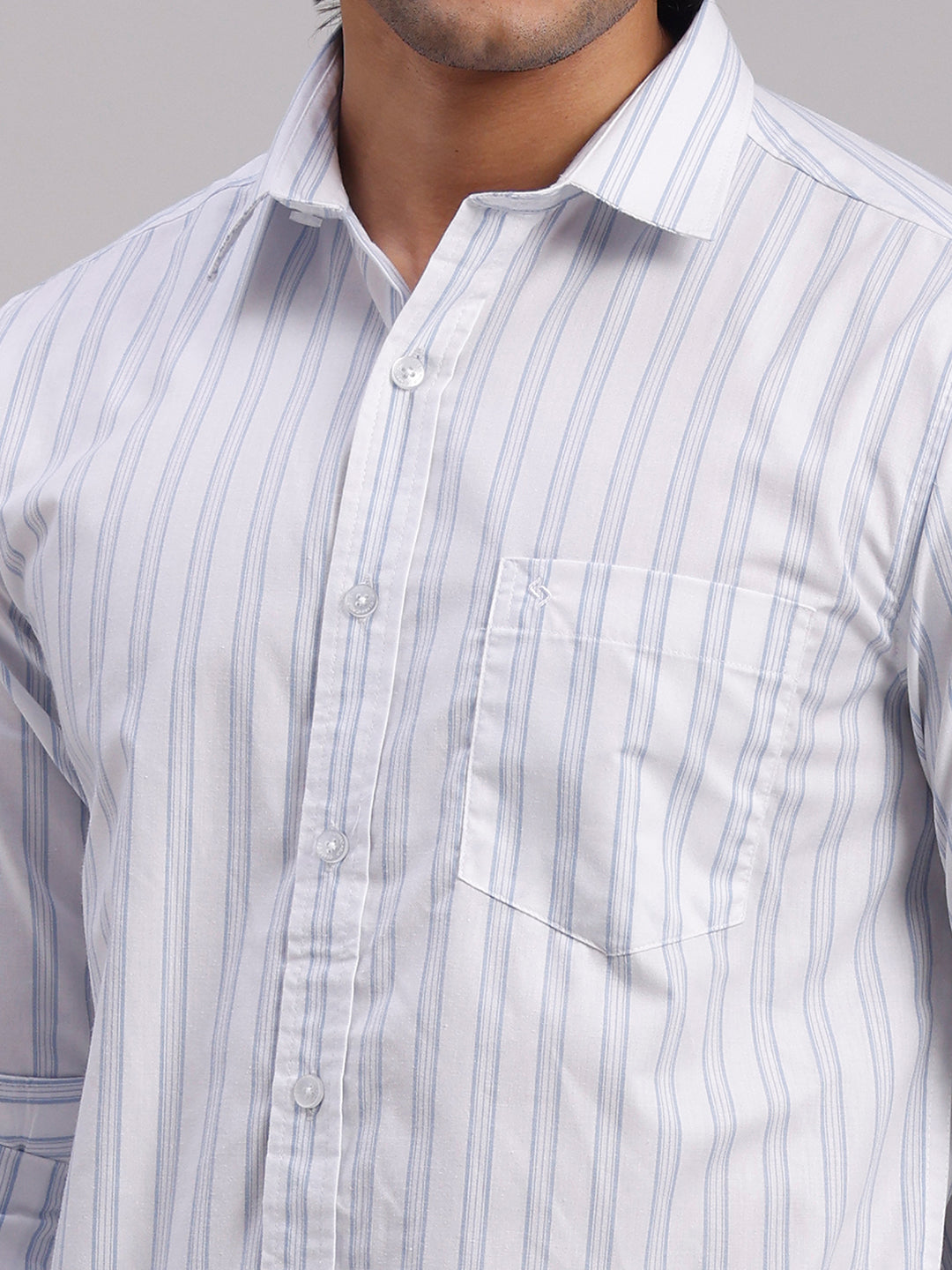 Classic Polo Men's Full Sleeve White Polo Neck Slim Fit Striped Cotton Casual Shirt | SR1-EL-01 B-FS-STR-SF
