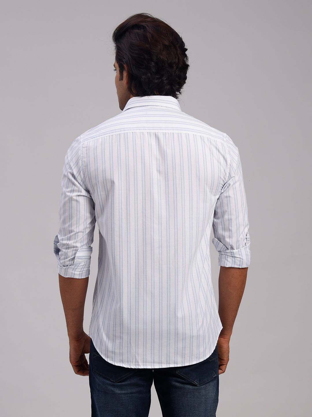 Classic Polo Men's Full Sleeve White Polo Neck Slim Fit Striped Cotton Casual Shirt | SR1-EL-01 B-FS-STR-SF