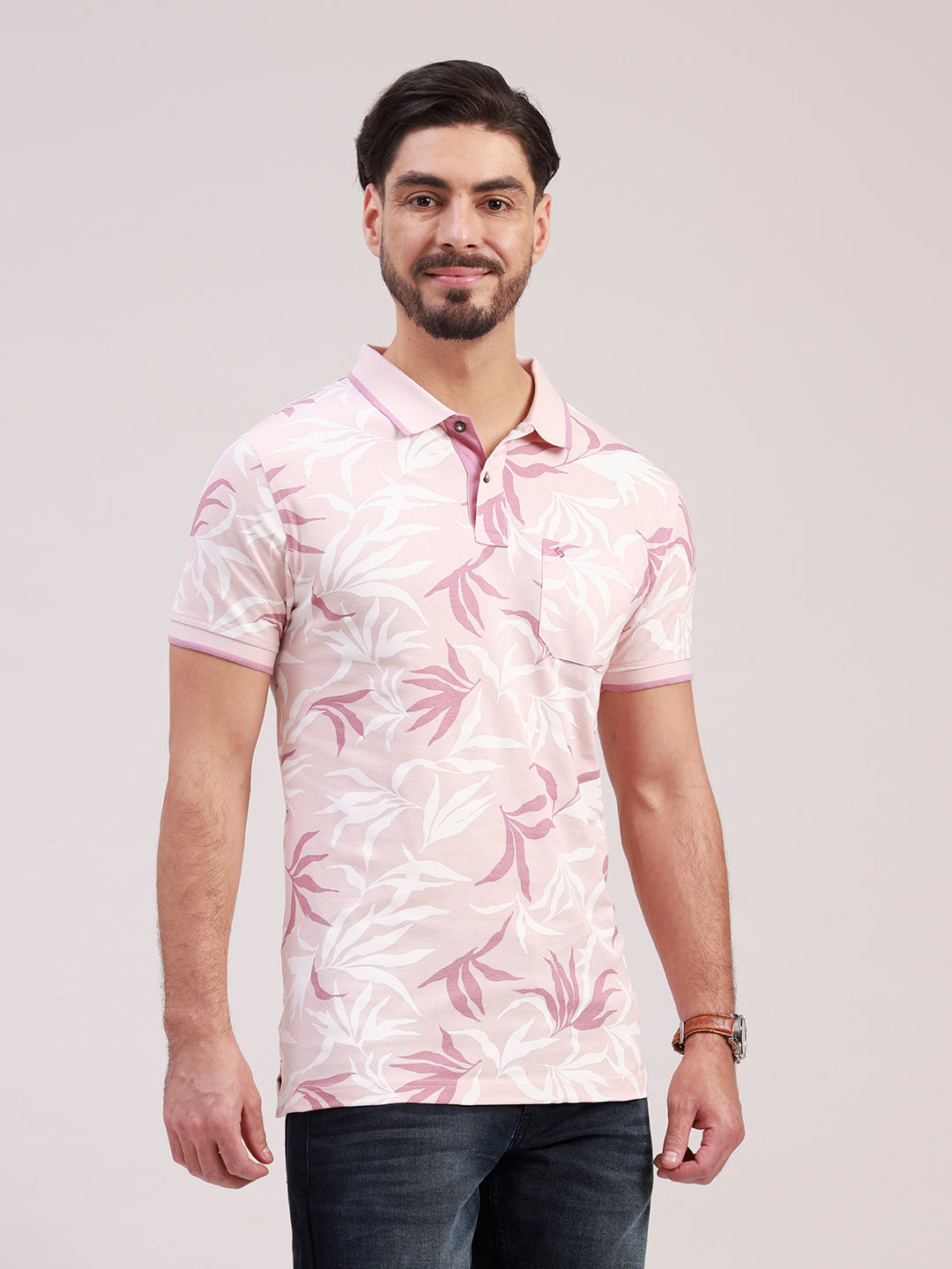 Classic Polo Men's Half Sleeve Mauve/White Polo Neck Slim Fit All-Over Print Cotton T-Shirt | BEAU - 313 A SF P