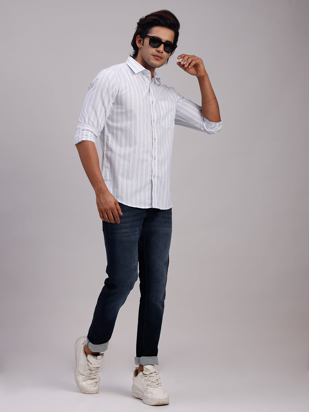 Classic Polo Men's Full Sleeve White Polo Neck Slim Fit Striped Cotton Casual Shirt | SR1-EL-01 B-FS-STR-SF