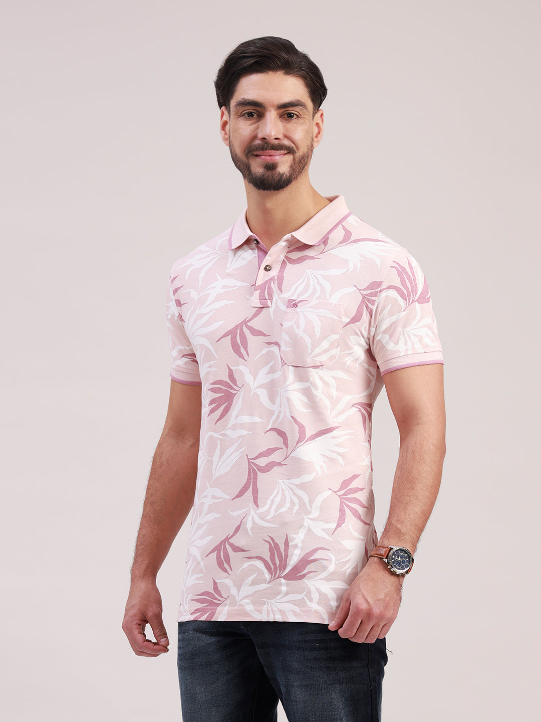 Classic Polo Men's Half Sleeve Mauve/White Polo Neck Slim Fit All-Over Print Cotton T-Shirt | BEAU - 313 A SF P