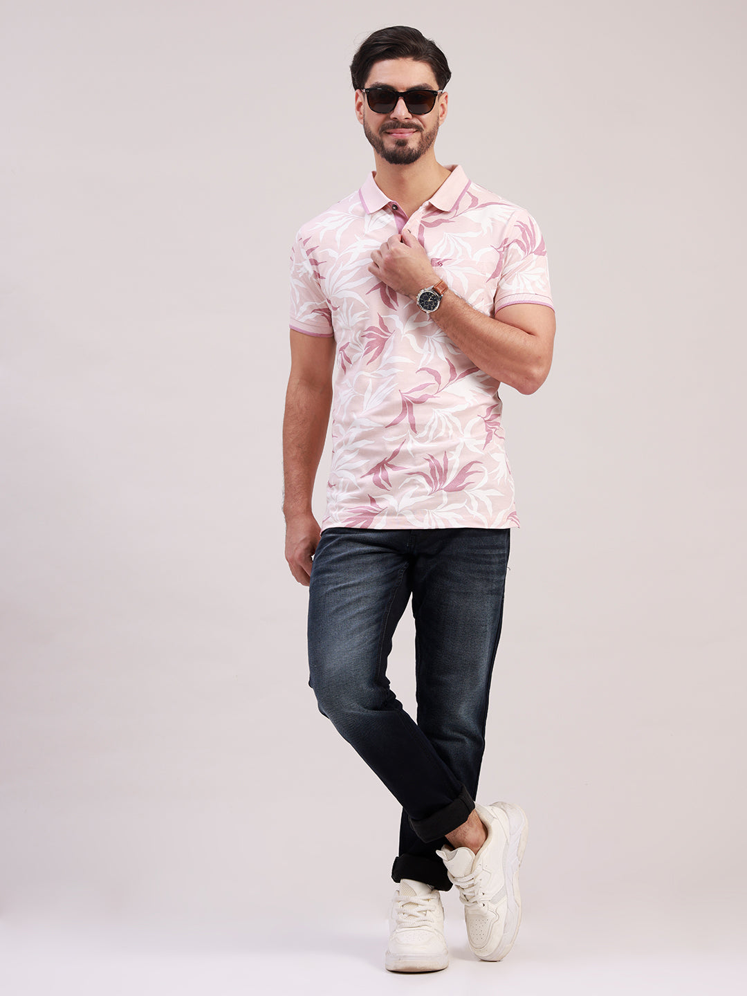 Classic Polo Men's Half Sleeve Mauve/White Polo Neck Slim Fit All-Over Print Cotton T-Shirt | BEAU - 313 A SF P