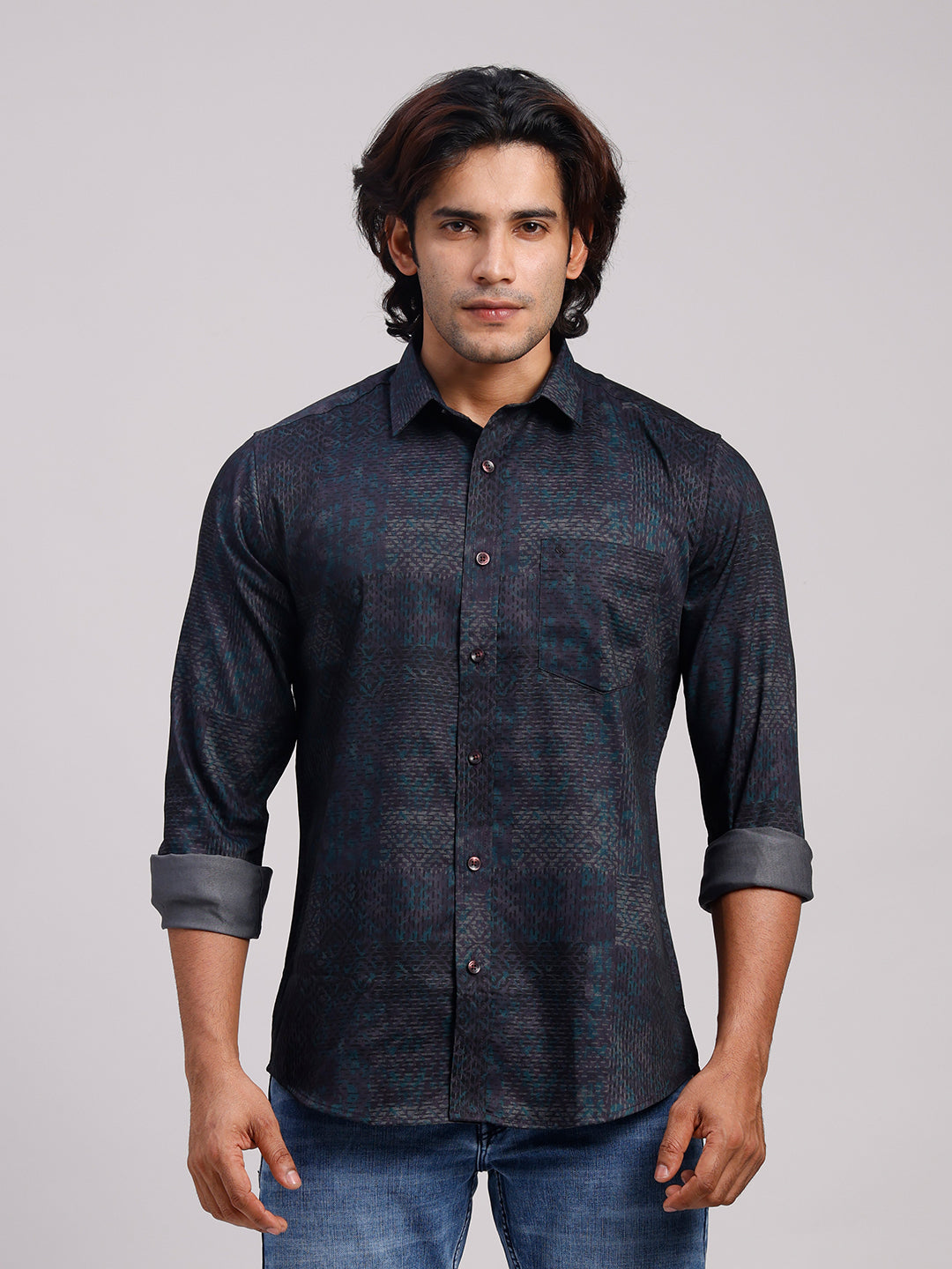 Classic Polo Men's Full Sleeve Black/Grey Polo Neck Slim Fit Printed Cotton Casual Shirt | LSHR1-EL-09 A-FS-PRT-SF