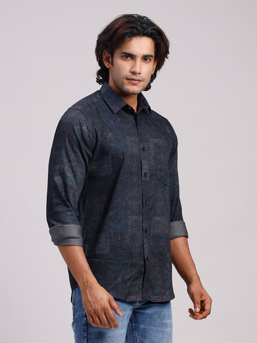 Classic Polo Men's Full Sleeve Black/Grey Polo Neck Slim Fit Printed Cotton Casual Shirt | LSHR1-EL-09 A-FS-PRT-SF