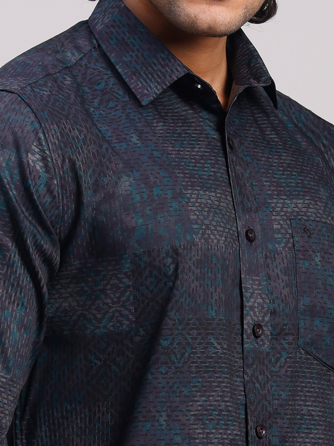Classic Polo Men's Full Sleeve Black/Grey Polo Neck Slim Fit Printed Cotton Casual Shirt | LSHR1-EL-09 A-FS-PRT-SF