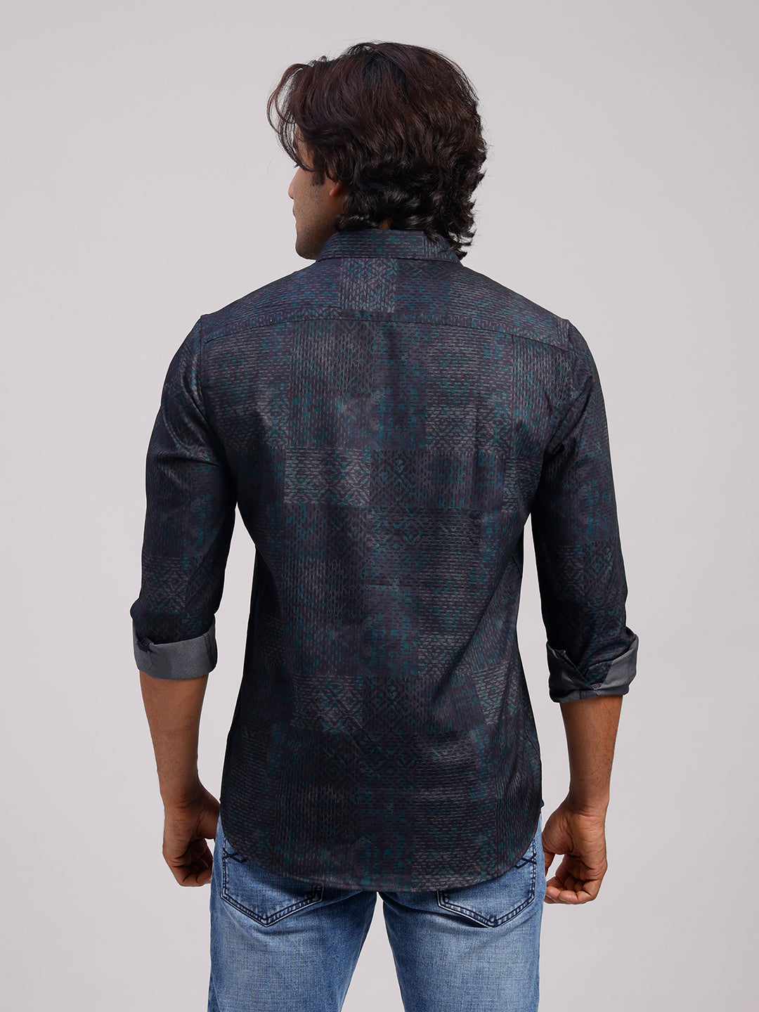 Classic Polo Men's Full Sleeve Black/Grey Polo Neck Slim Fit Printed Cotton Casual Shirt | LSHR1-EL-09 A-FS-PRT-SF