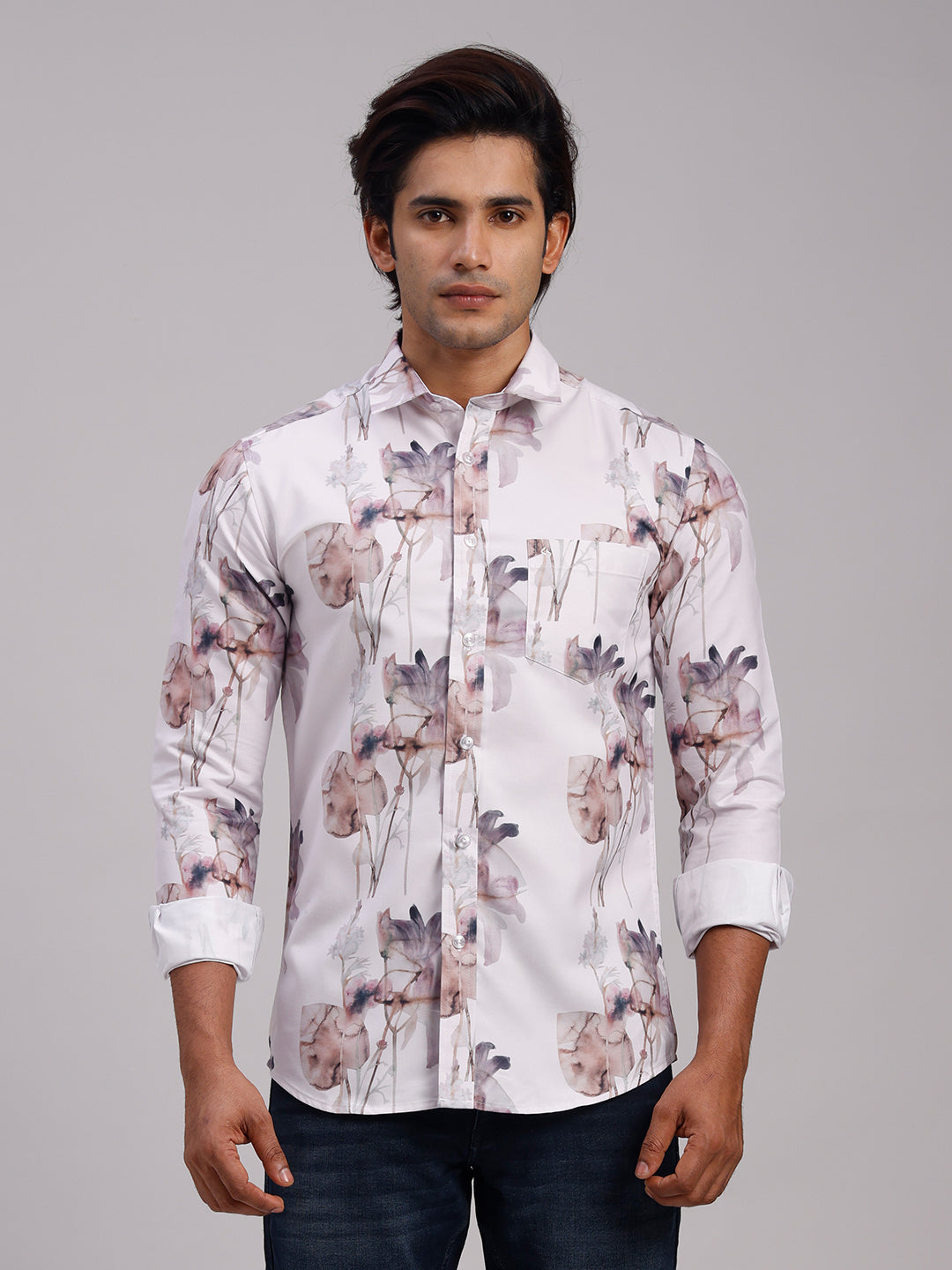 Classic Polo Men's Full Sleeve White/Brown Polo Neck Slim Fit All-Over Print Cotton Casual Shirt | LSHR1-GN-06 A-FS-PRT-SF