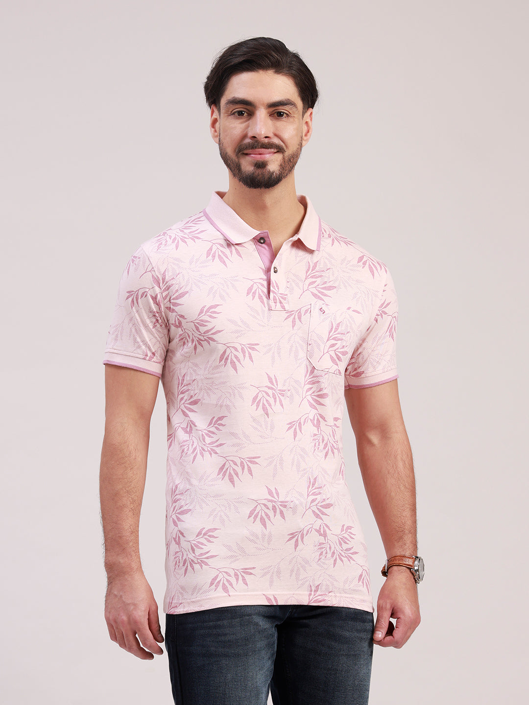Classic Polo Men's Half Sleeve Pale Pink Polo Neck Slim Fit All-Over Print Cotton T-Shirt | BELLO - 398 A SF P