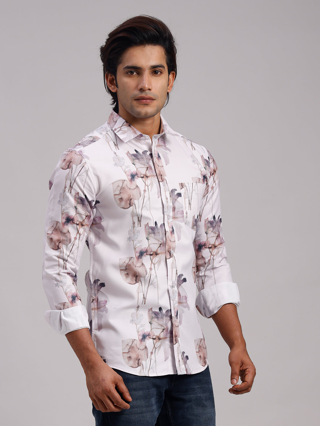 Classic Polo Men's Full Sleeve White/Brown Polo Neck Slim Fit All-Over Print Cotton Casual Shirt | LSHR1-GN-06 A-FS-PRT-SF