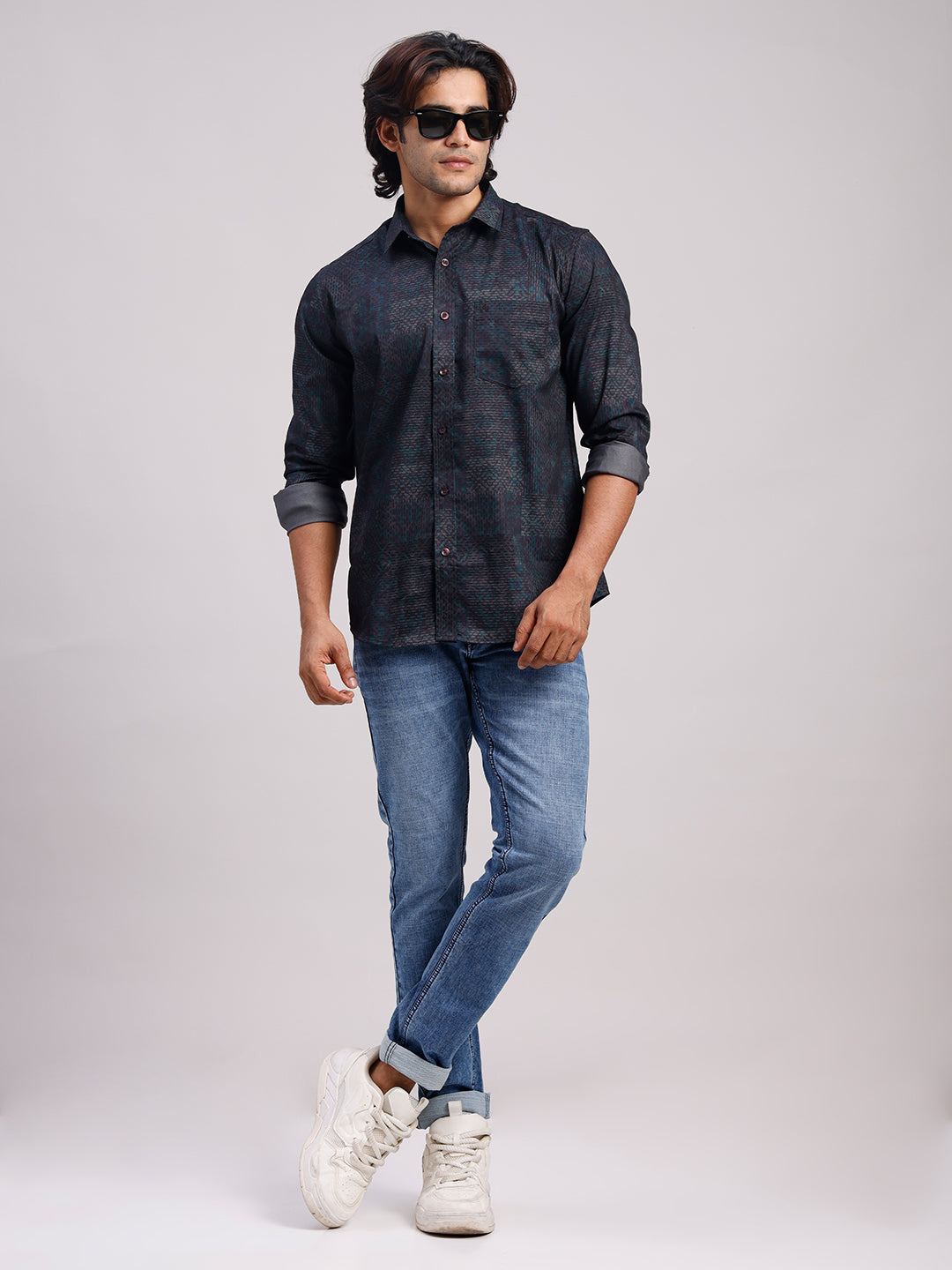 Classic Polo Men's Full Sleeve Black/Grey Polo Neck Slim Fit Printed Cotton Casual Shirt | LSHR1-EL-09 A-FS-PRT-SF