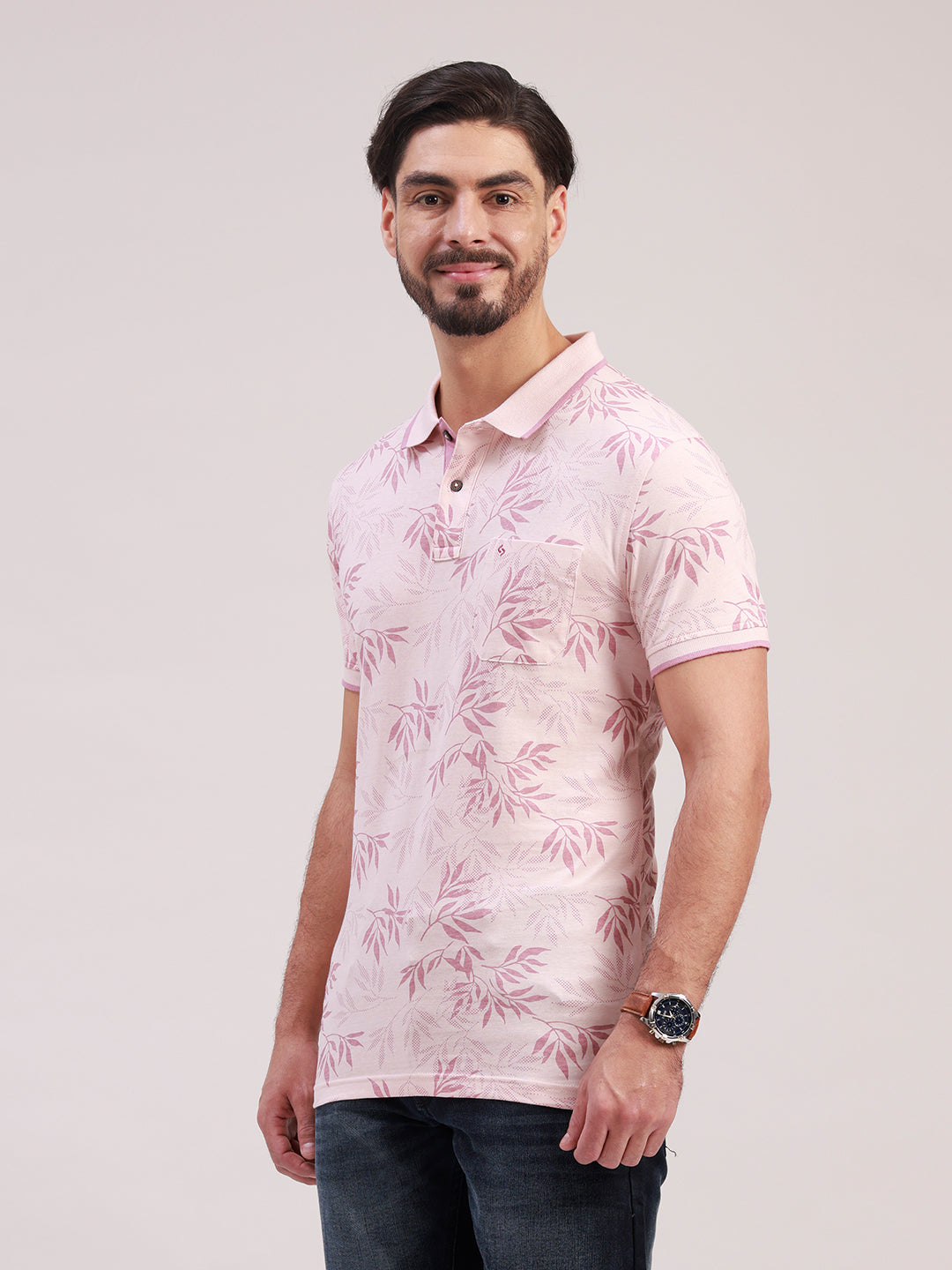 Classic Polo Men's Half Sleeve Pale Pink Polo Neck Slim Fit All-Over Print Cotton T-Shirt | BELLO - 398 A SF P