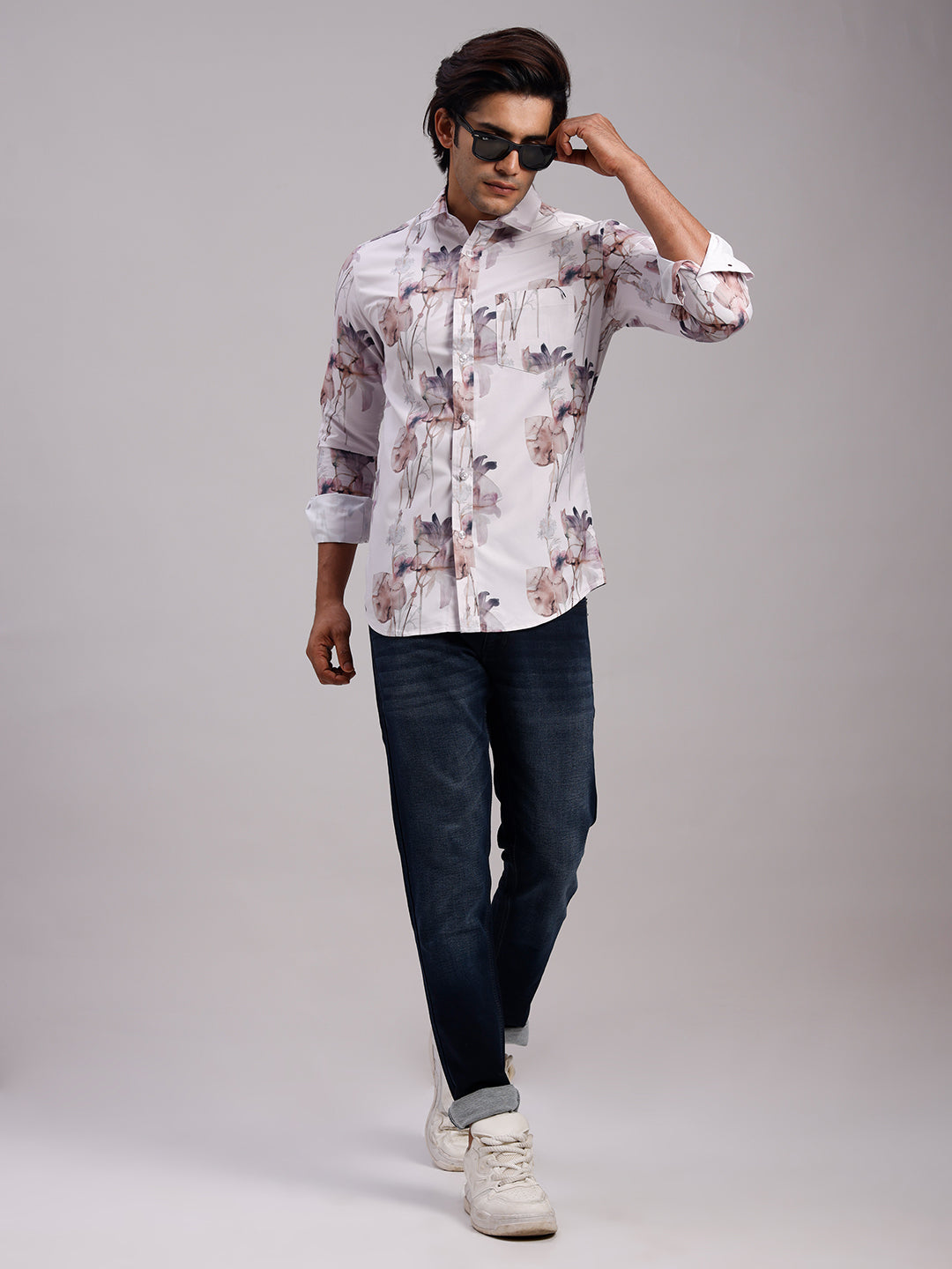 Classic Polo Men's Full Sleeve White/Brown Polo Neck Slim Fit All-Over Print Cotton Casual Shirt | LSHR1-GN-06 A-FS-PRT-SF
