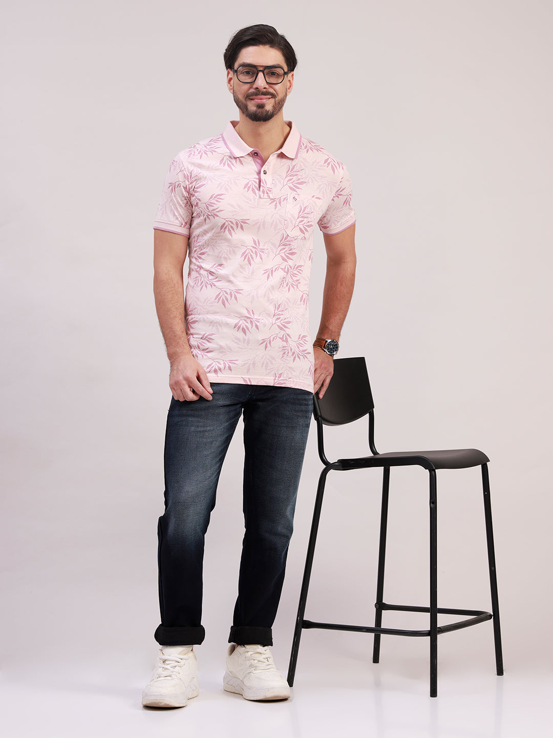 Classic Polo Men's Half Sleeve Pale Pink Polo Neck Slim Fit All-Over Print Cotton T-Shirt | BELLO - 398 A SF P