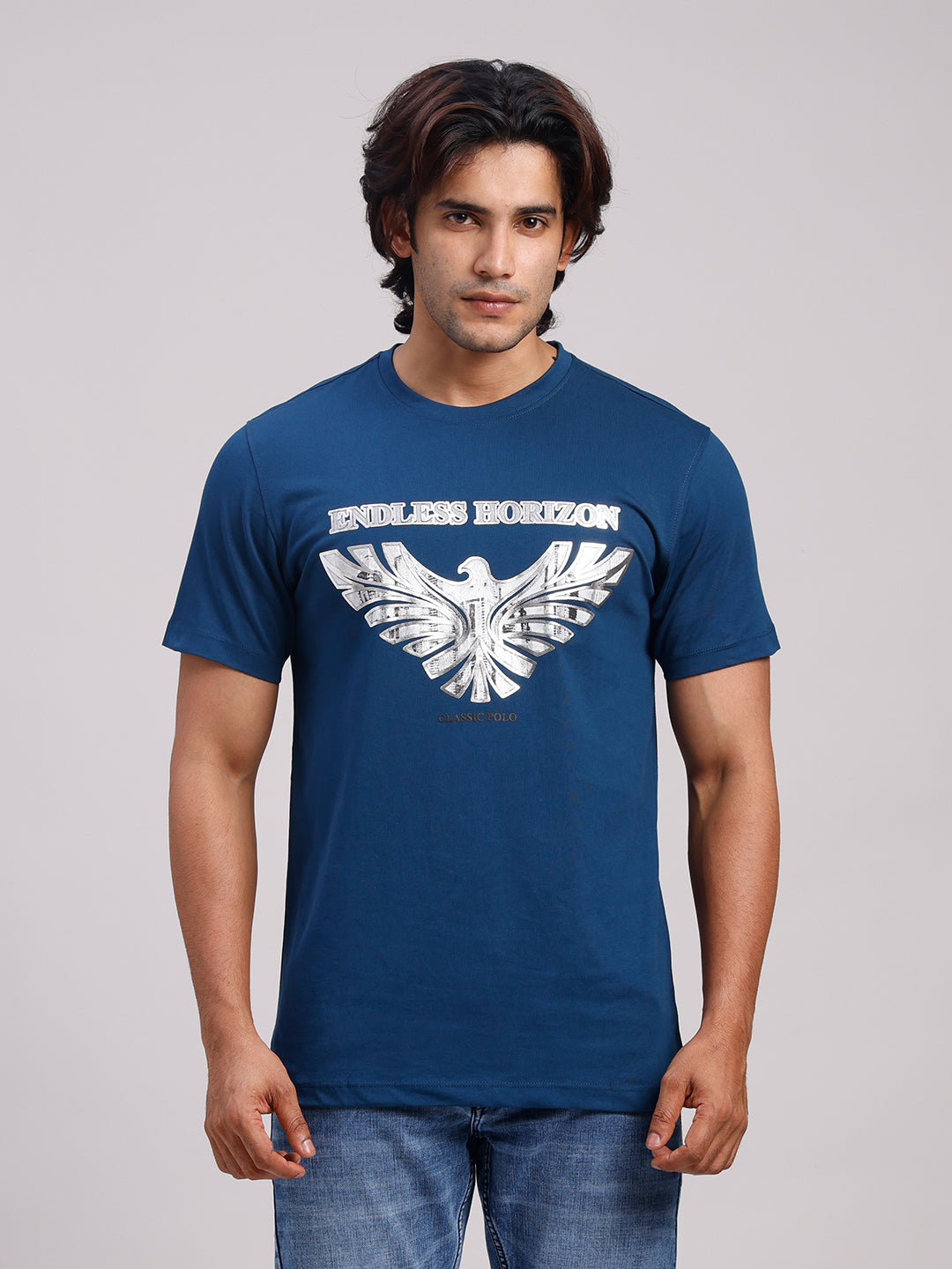 Classic Polo Men's Half Sleeve Navy Blue Round Neck Slim Fit Printed Cotton T-Shirt | BALENO - 637 B SF C