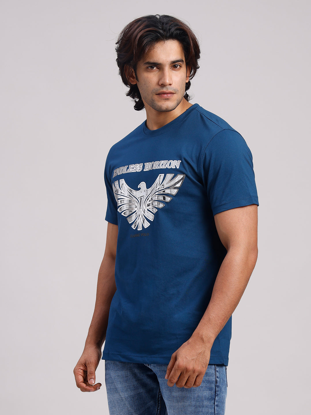 Classic Polo Men's Half Sleeve Navy Blue Round Neck Slim Fit Printed Cotton T-Shirt | BALENO - 637 B SF C