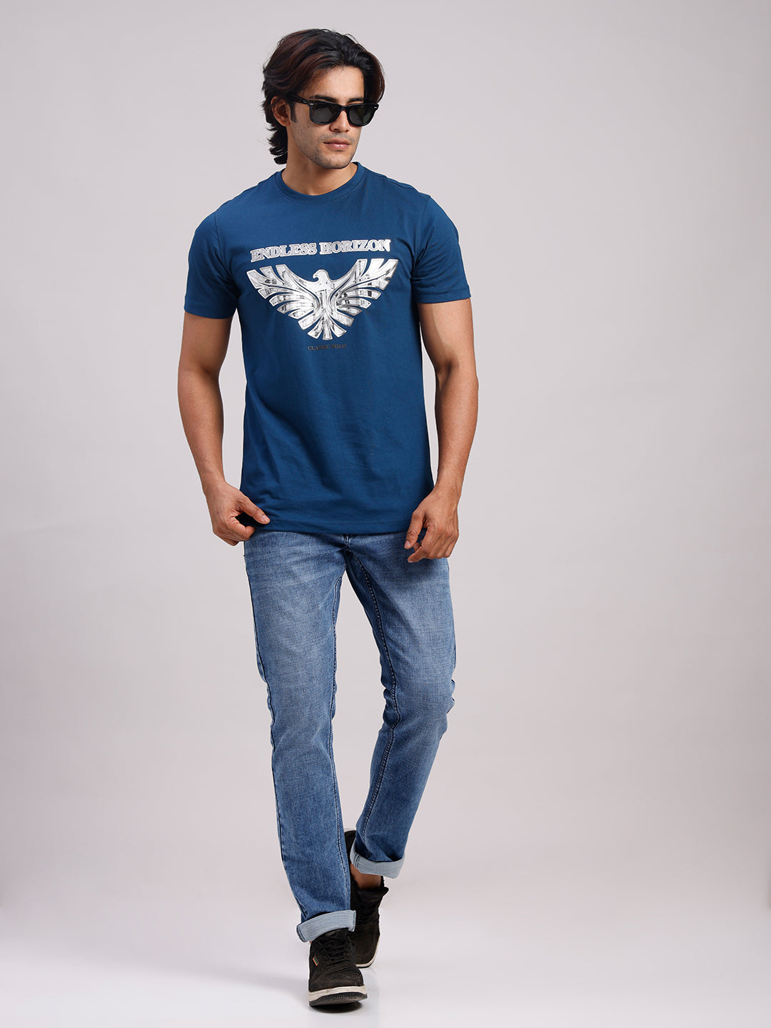 Classic Polo Men's Half Sleeve Navy Blue Round Neck Slim Fit Printed Cotton T-Shirt | BALENO - 637 B SF C