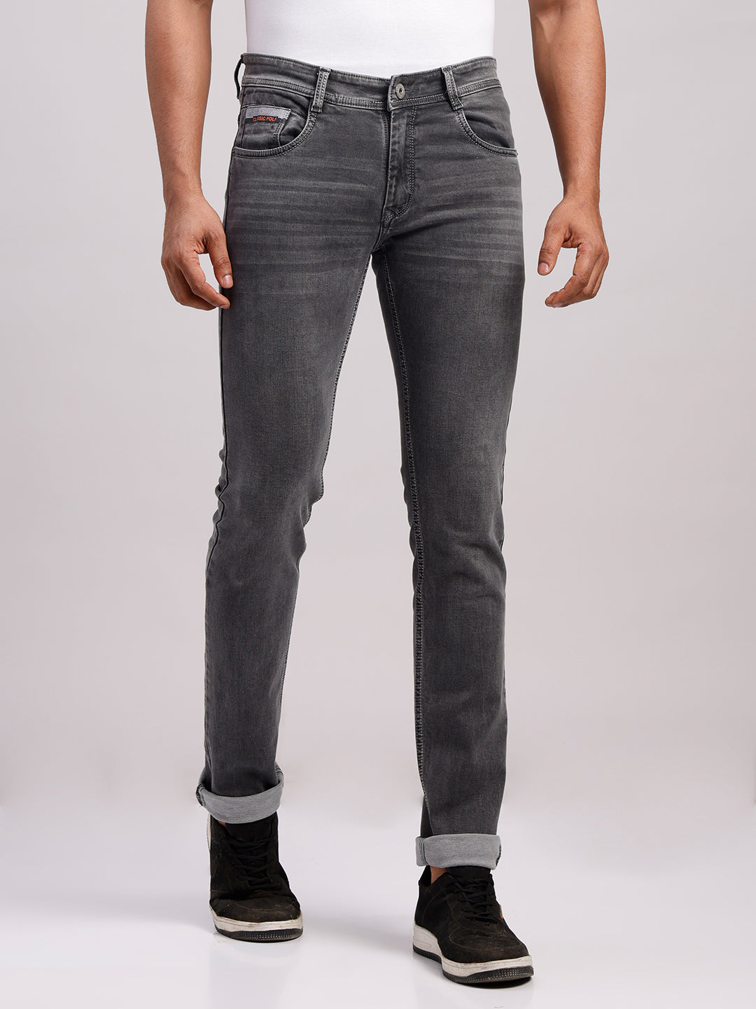 Classic Polo Men's Drak Grey Slim Fit Solid Cotton Denim | CPDR1-03-D.GRY-SF