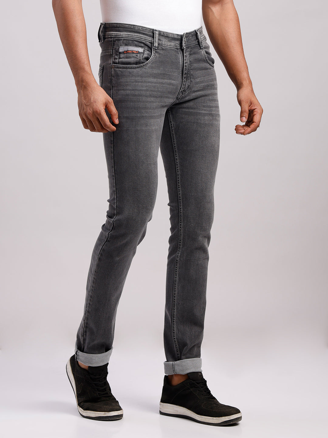 Classic Polo Men's Drak Grey Slim Fit Solid Cotton Denim | CPDR1-03-D.GRY-SF