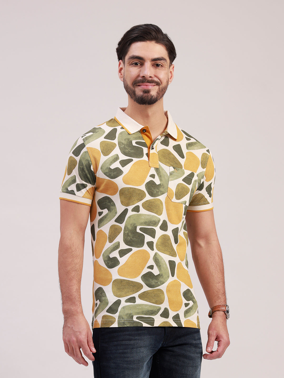 Classic Polo Men's Half Sleeve Multicolor Polo Neck Slim Fit All-Over Print Cotton T-Shirt | BEAU - 301 A SF P