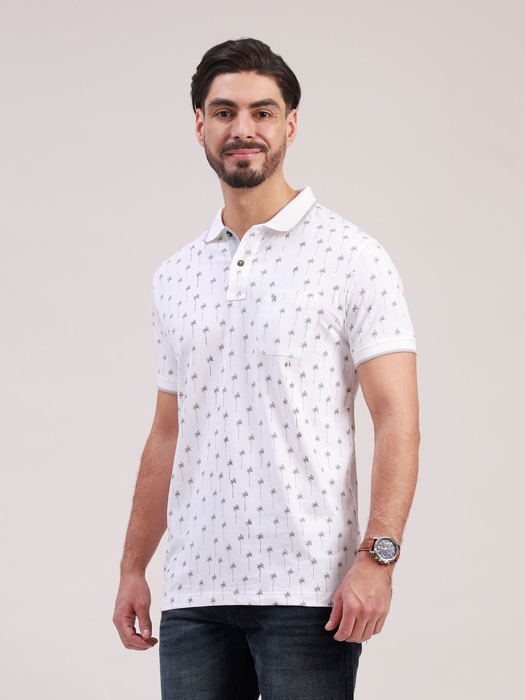 Classic Polo Men's Half Sleeve White Polo Neck Slim Fit All-Over Print Cotton T-Shirt | BELLO - 390 B SF P