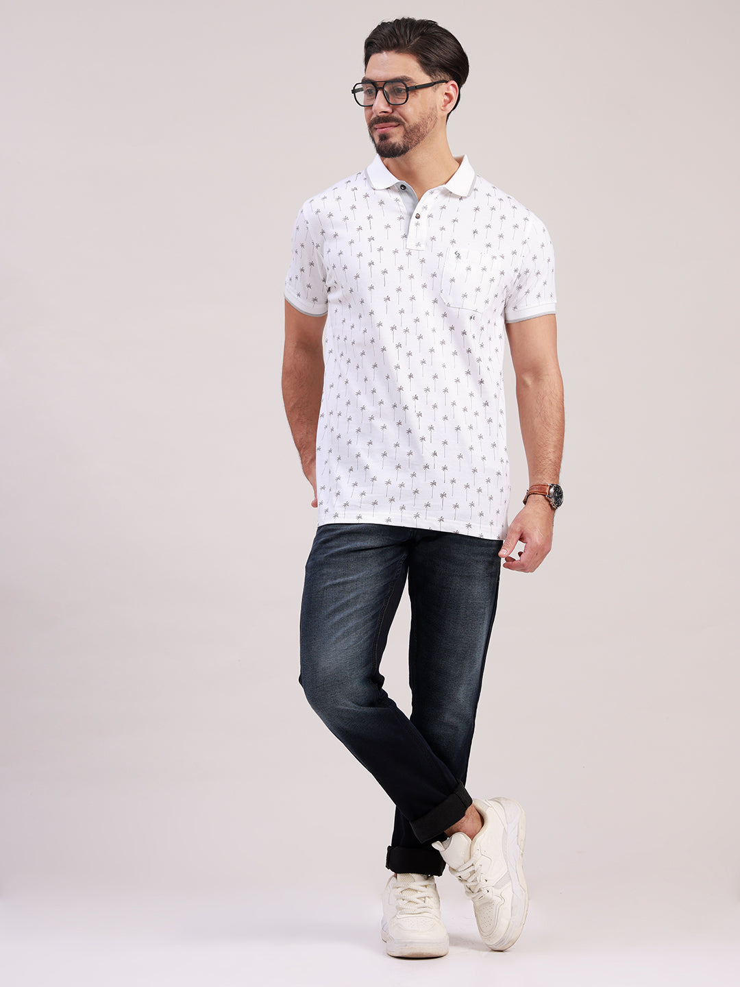 Classic Polo Men's Half Sleeve White Polo Neck Slim Fit All-Over Print Cotton T-Shirt | BELLO - 390 B SF P