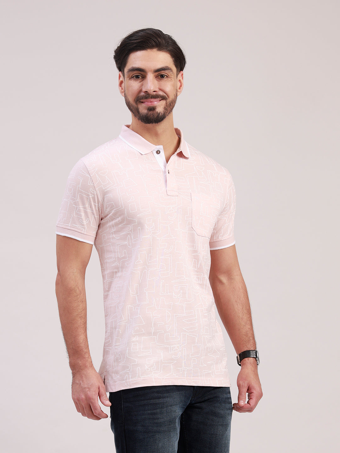 Classic Polo Men's Half Sleeve Light Peach/White Polo Neck Slim Fit All-Over Print Cotton T-Shirt | BELLO - 385 A SF P