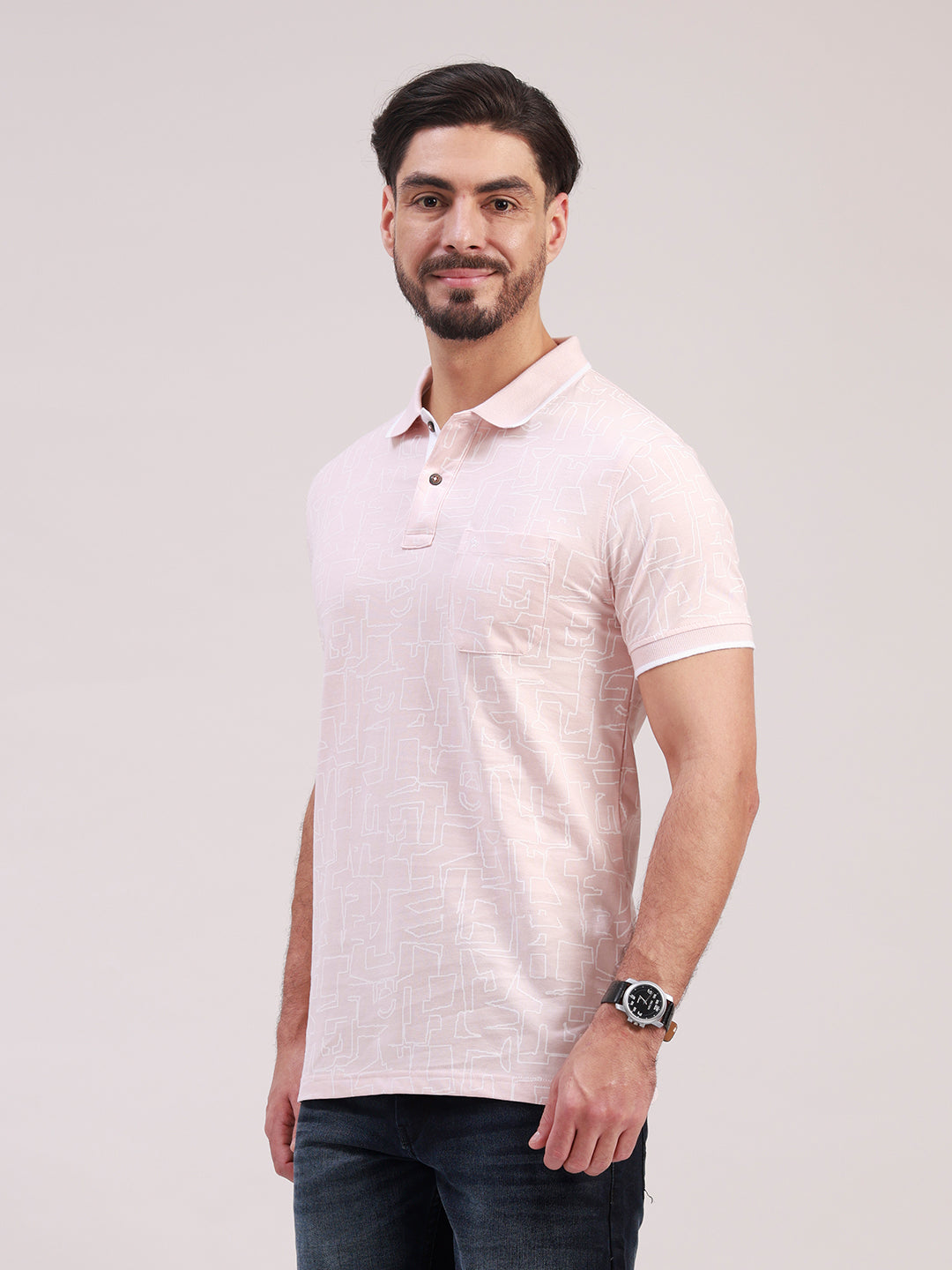 Classic Polo Men's Half Sleeve Light Peach/White Polo Neck Slim Fit All-Over Print Cotton T-Shirt | BELLO - 385 A SF P