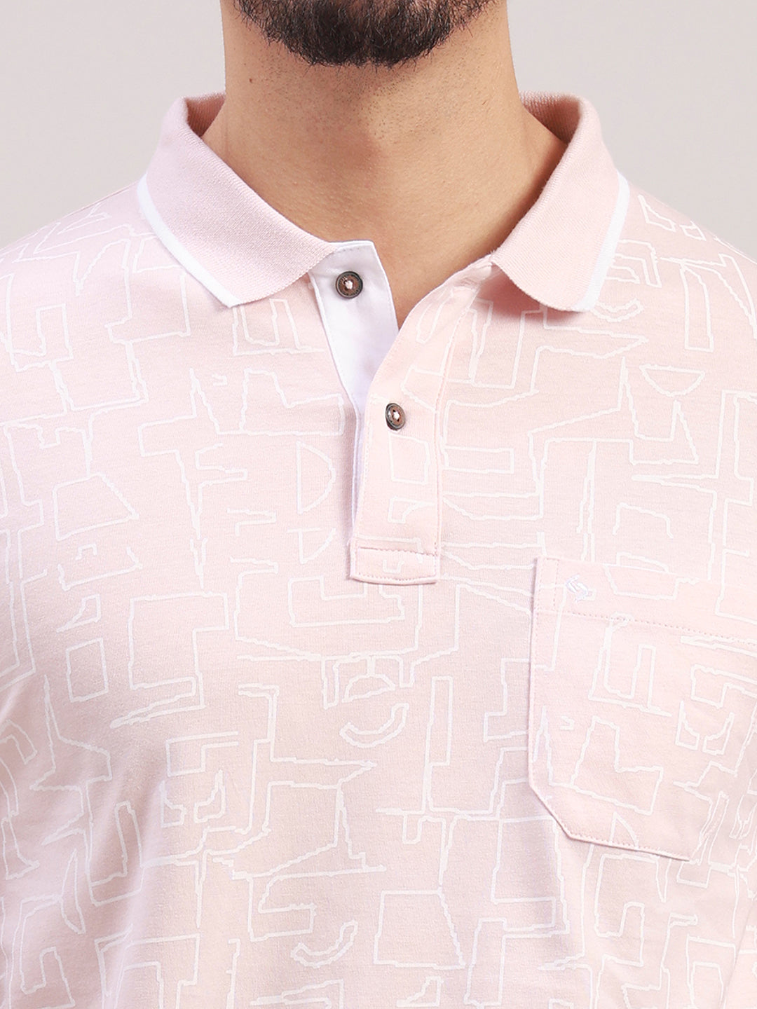 Classic Polo Men's Half Sleeve Light Peach/White Polo Neck Slim Fit All-Over Print Cotton T-Shirt | BELLO - 385 A SF P