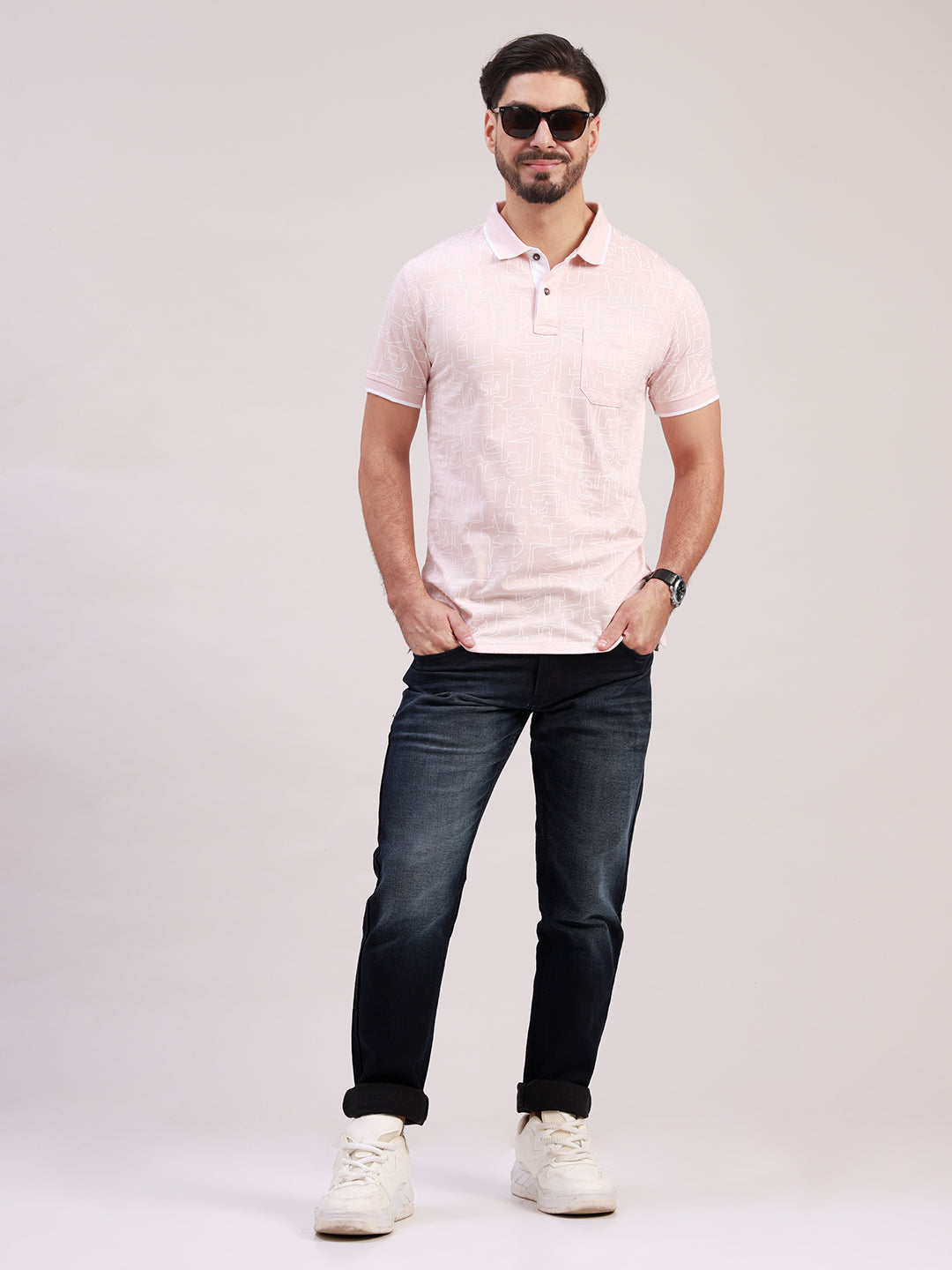 Classic Polo Men's Half Sleeve Light Peach/White Polo Neck Slim Fit All-Over Print Cotton T-Shirt | BELLO - 385 A SF P