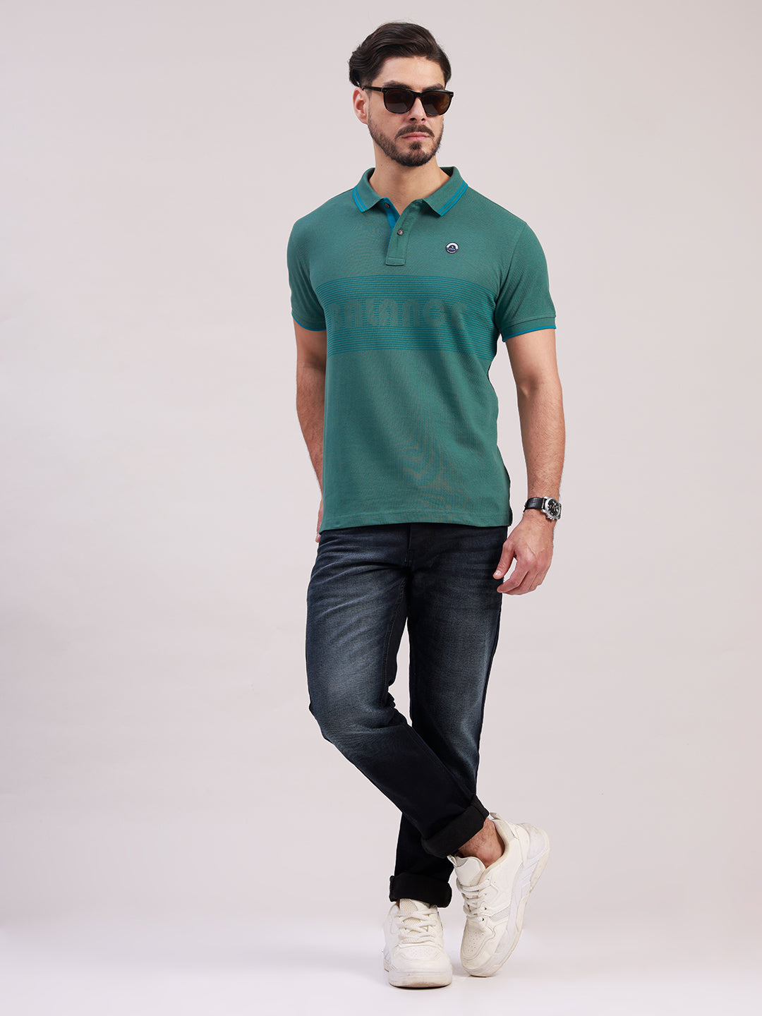 Classic Polo Men's Half Sleeve Dark Green Polo Neck Slim Fit Striped Cotton T-Shirt | PRM - 828 B SF P