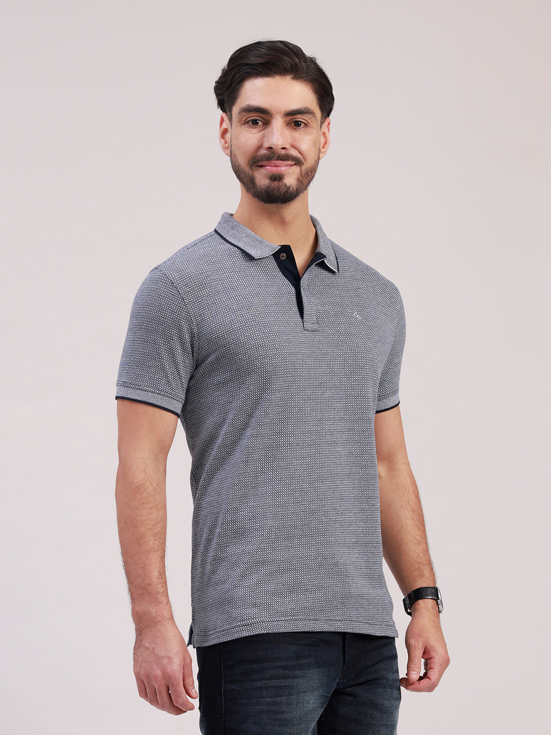 Classic Polo Men's Half Sleeve Navy Blue Polo Neck Slim Fit All-Over Print Cotton T-Shirt | PRM - 822 B SF P