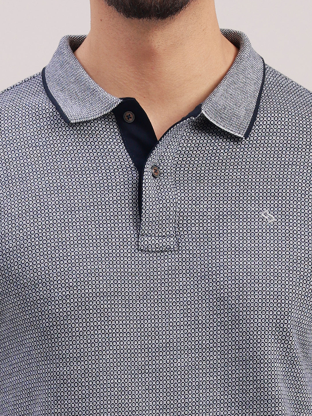 Classic Polo Men's Half Sleeve Navy Blue Polo Neck Slim Fit All-Over Print Cotton T-Shirt | PRM - 822 B SF P