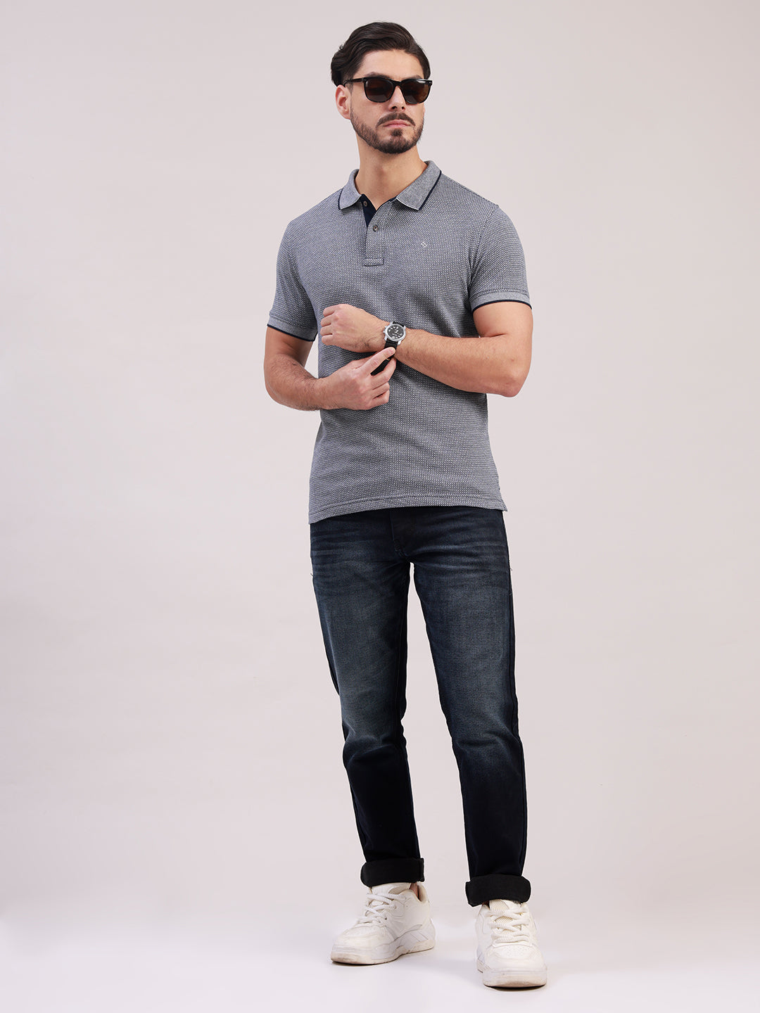 Classic Polo Men's Half Sleeve Navy Blue Polo Neck Slim Fit All-Over Print Cotton T-Shirt | PRM - 822 B SF P