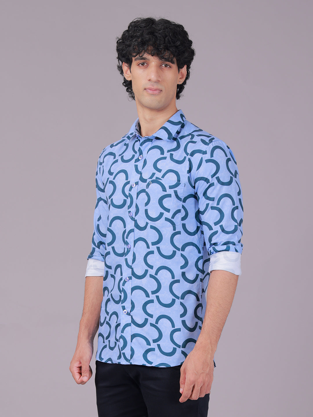 Classic Polo Men's Full Sleeve Blue Polo Neck Slim Fit All-Over Print Cotton Casual Shirt | SR1-GN-03 B-FS-PRT-SF