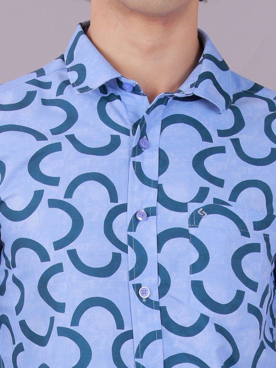 Classic Polo Men's Full Sleeve Blue Polo Neck Slim Fit All-Over Print Cotton Casual Shirt | SR1-GN-03 B-FS-PRT-SF