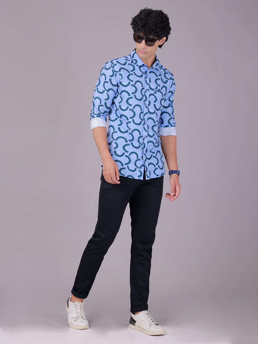 Classic Polo Men's Full Sleeve Blue Polo Neck Slim Fit All-Over Print Cotton Casual Shirt | SR1-GN-03 B-FS-PRT-SF
