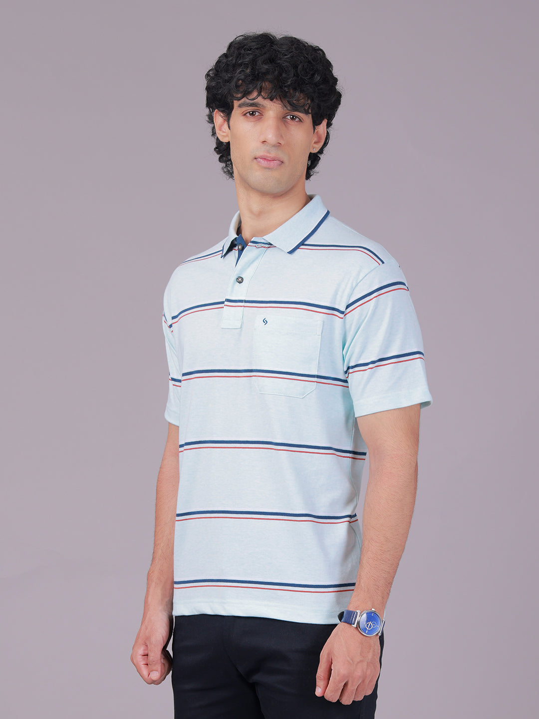 Classic Polo Men's Half Sleeve Light Green Polo Neck Authentic Fit Striped Cotton Blend T-Shirt | MEL - 283 A AF P