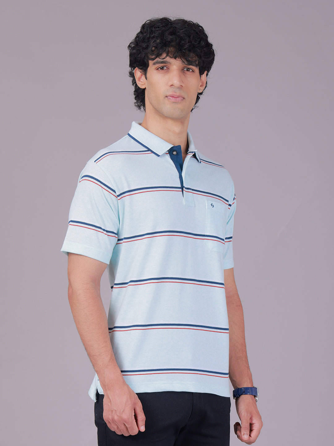 Classic Polo Men's Half Sleeve Light Green Polo Neck Authentic Fit Striped Cotton Blend T-Shirt | MEL - 283 A AF P