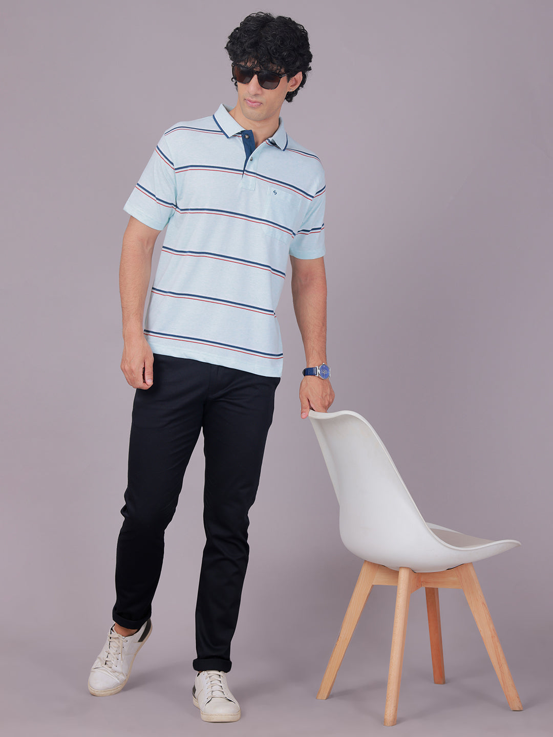 Classic Polo Men's Half Sleeve Light Green Polo Neck Authentic Fit Striped Cotton Blend T-Shirt | MEL - 283 A AF P