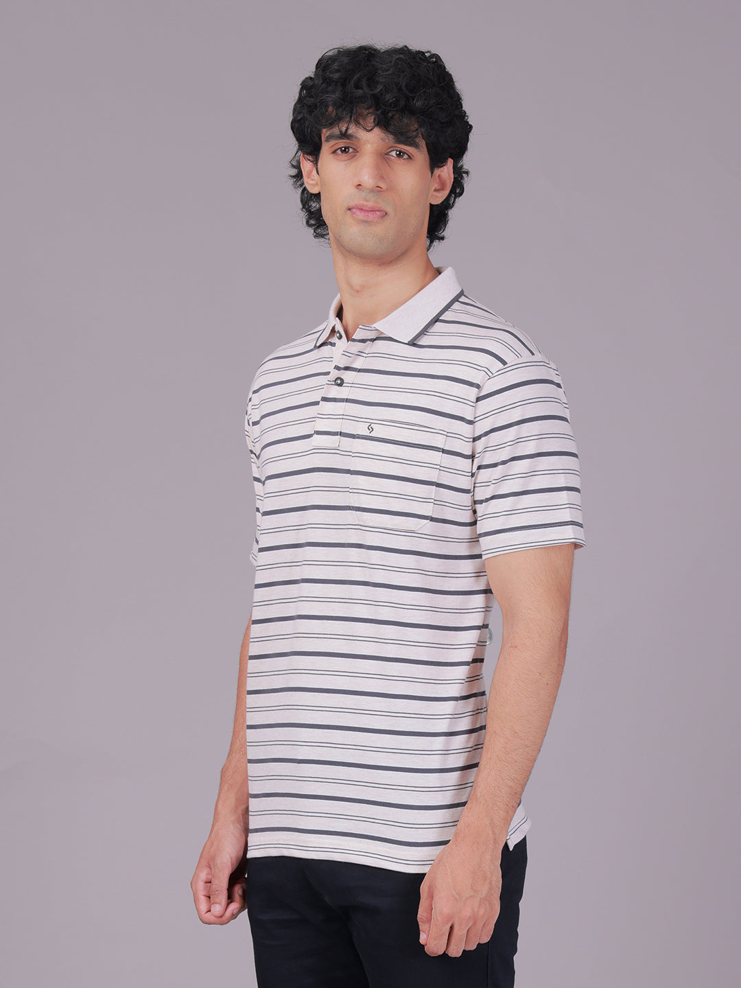 Classic Polo Men's Half Sleeve Off-White/Grey Polo Neck Authentic Fit Striped Cotton Blend T-Shirt | FEEDERS - 310 B AF P