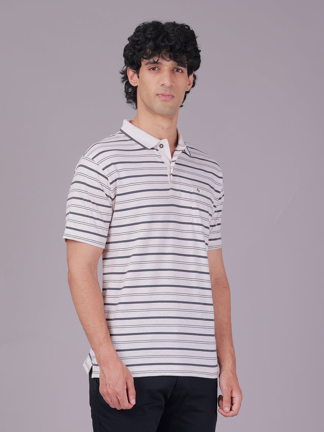 Classic Polo Men's Half Sleeve Off-White/Grey Polo Neck Authentic Fit Striped Cotton Blend T-Shirt | FEEDERS - 310 B AF P