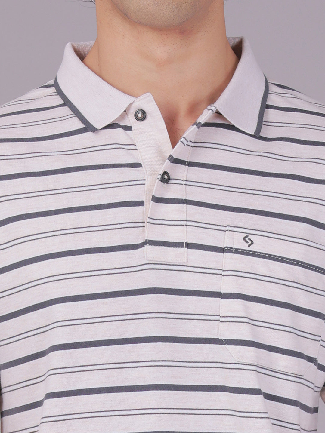 Classic Polo Men's Half Sleeve Off-White/Grey Polo Neck Authentic Fit Striped Cotton Blend T-Shirt | FEEDERS - 310 B AF P