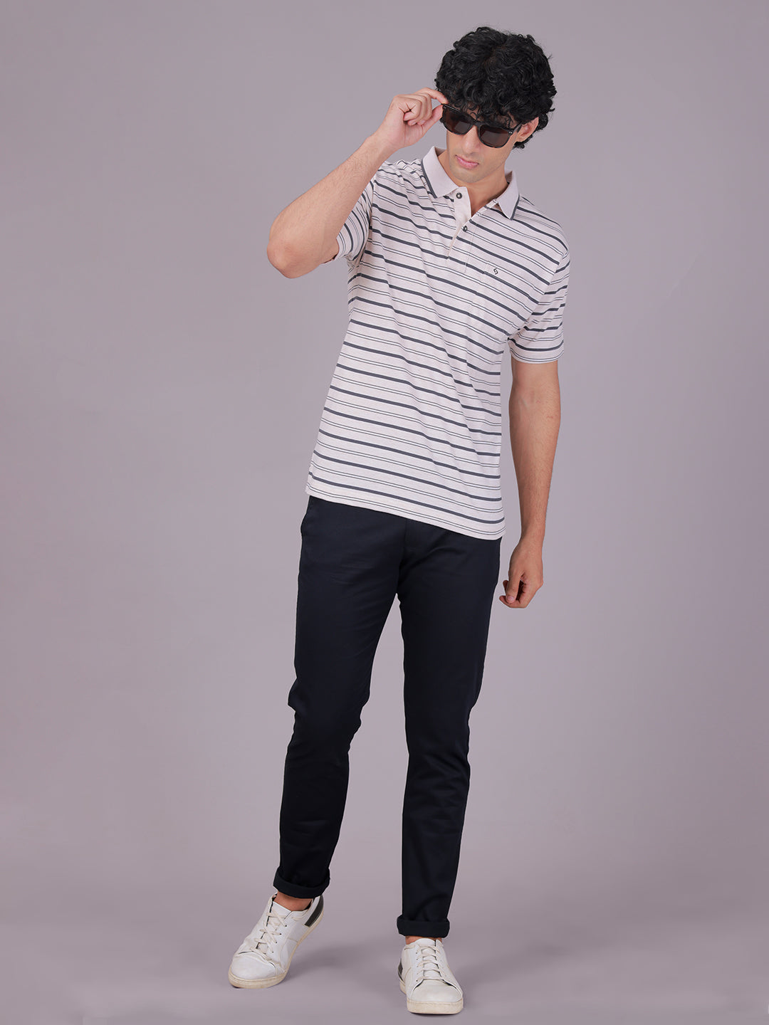 Classic Polo Men's Half Sleeve Off-White/Grey Polo Neck Authentic Fit Striped Cotton Blend T-Shirt | FEEDERS - 310 B AF P