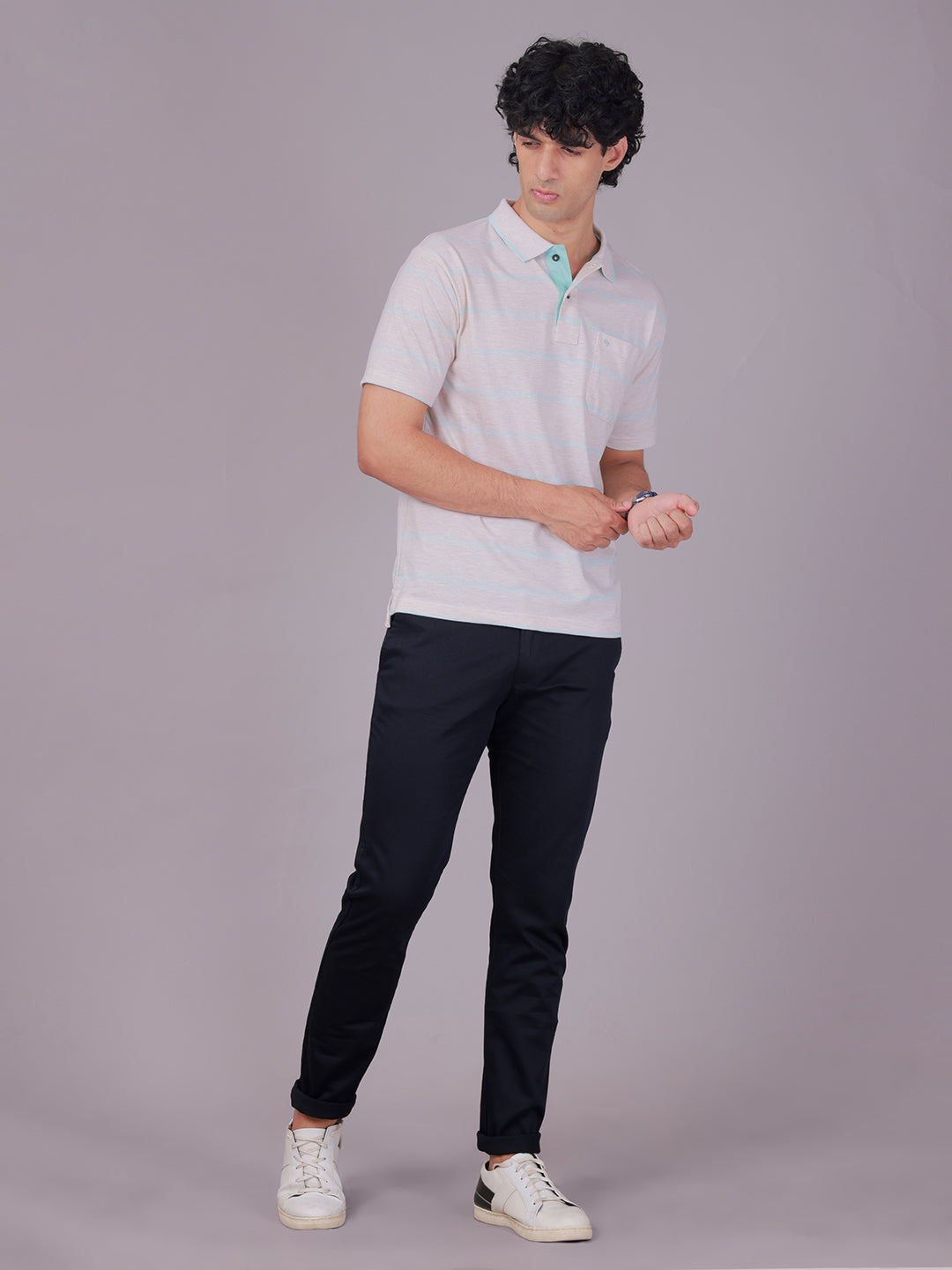 Classic Polo Men's Half Sleeve Grey/Green Polo Neck Authentic Fit Striped Cotton Blend T-Shirt | MEL - 281 A AF P