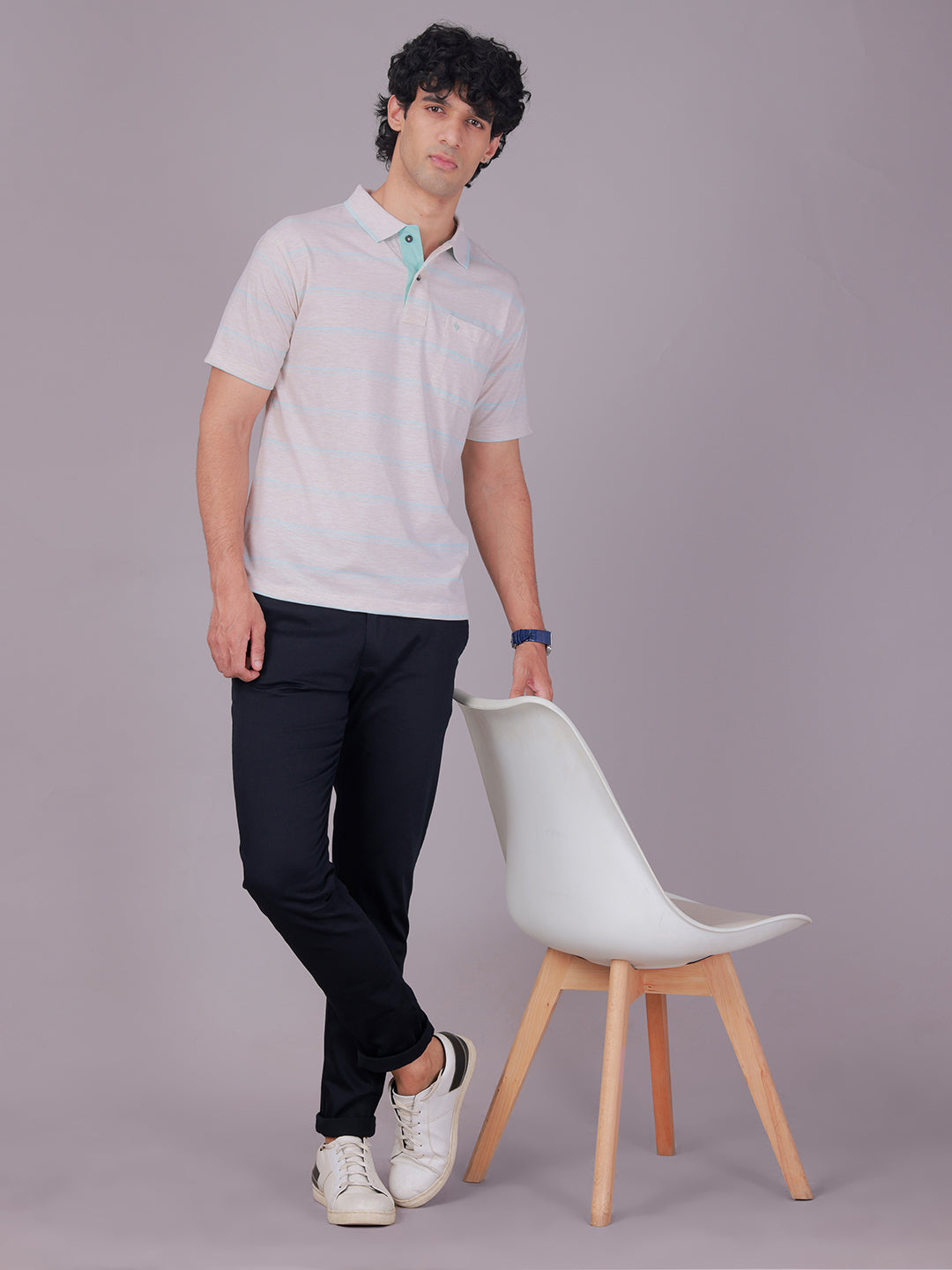 Classic Polo Men's Half Sleeve Grey/Green Polo Neck Authentic Fit Striped Cotton Blend T-Shirt | MEL - 281 A AF P